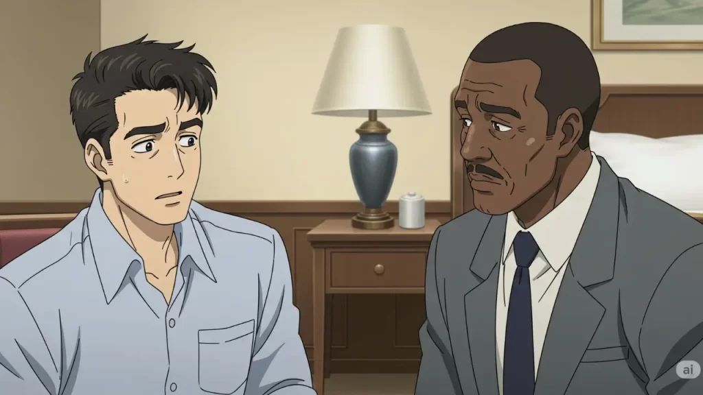 トニーが眉をひそめ、困惑した表情でドン・シャーリーを見ているシーン。背景には質素だが清潔に整えられたホテルの部屋。