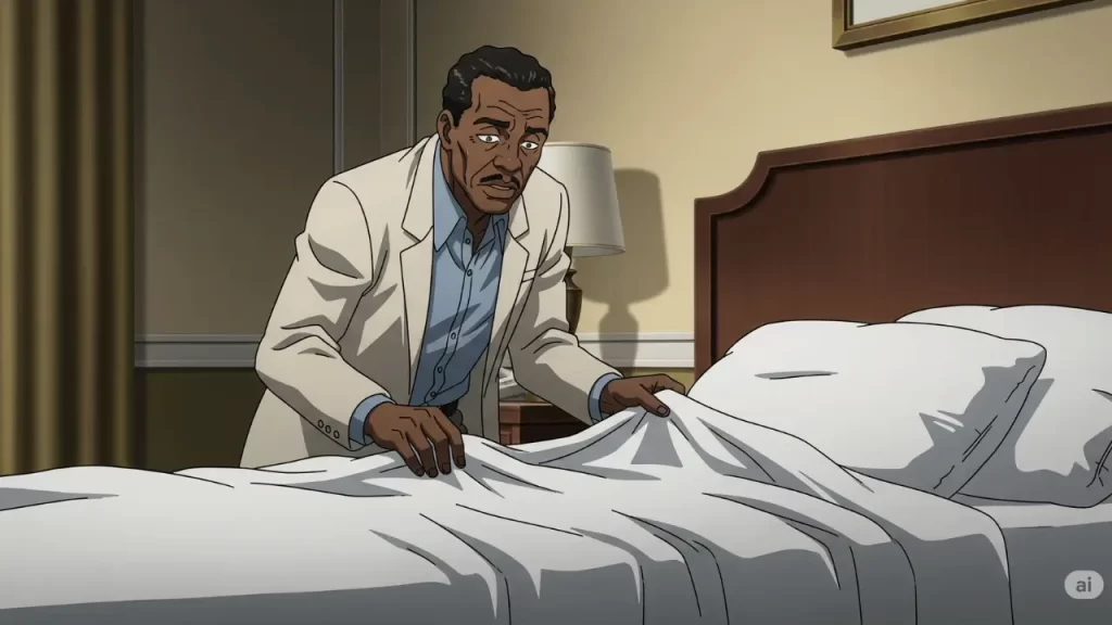 ホテルの部屋で、ドン・シャーリーが少し神経質そうな表情でシーツや枕を点検し、ベッドを整えているシーン。彼の細やかな仕草が潔癖さを物語る。