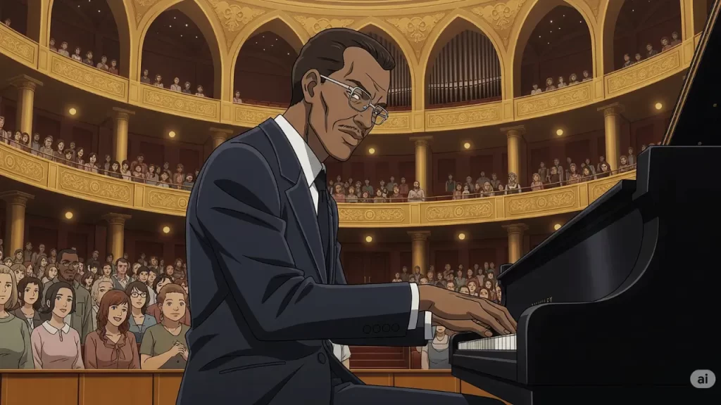 ドン・シャーリーが格式高いホールでピアノを演奏しているシーン。聴衆は裕福そうな白人が多く、複雑な表情で聴き入っている者もいる。彼の指先から生まれる音楽が、会場の空気を支配している様子。