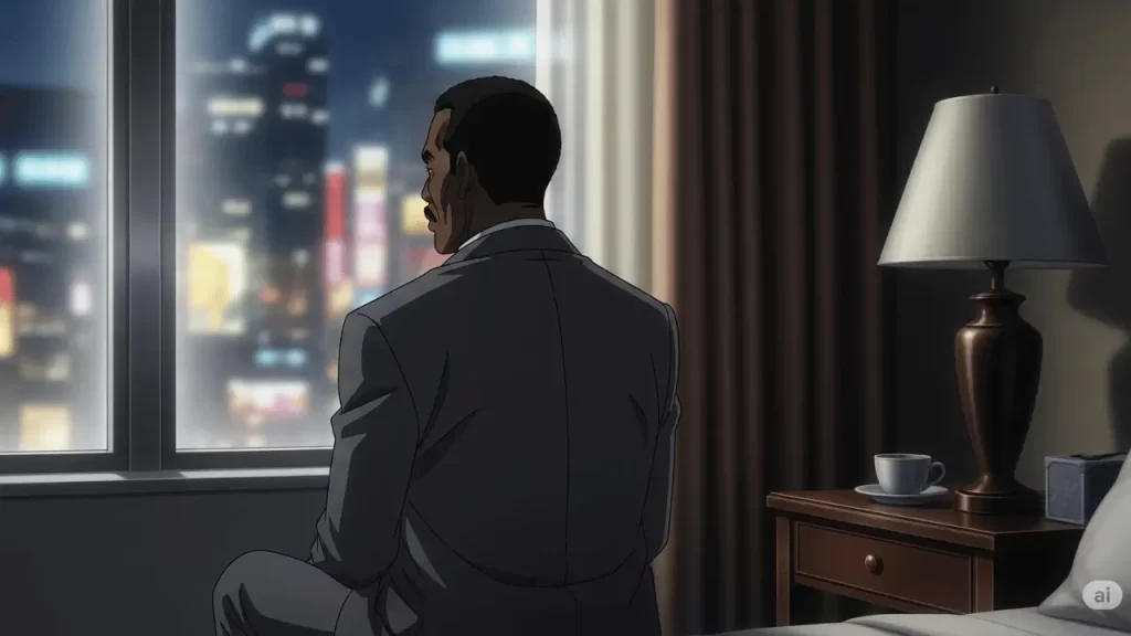 ドン・シャーリーが一人、薄暗いホテルの部屋の窓の外を眺めているシーン。彼の背中からは深い孤独感と、内に秘めた強さが漂う。